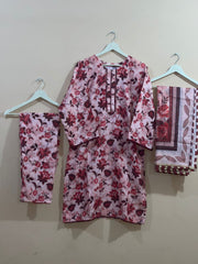3pcs summer cotton embellished with printed dupatta & trouser